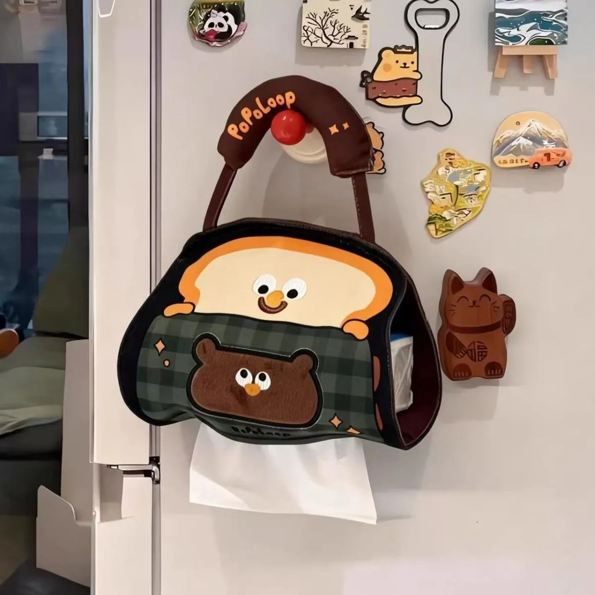 Cute Fabric Hanging Tissue Holder – Wall-Mounted Napkin Dispenser for Car, Bathroom, Dorm & Office, Portable Soft Cloth Tissue Bag with Hanging Strap
